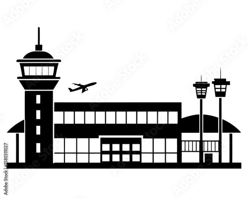 A sleek black vector silhouette showcases an airport terminal, perfect for travel and transportation designs.