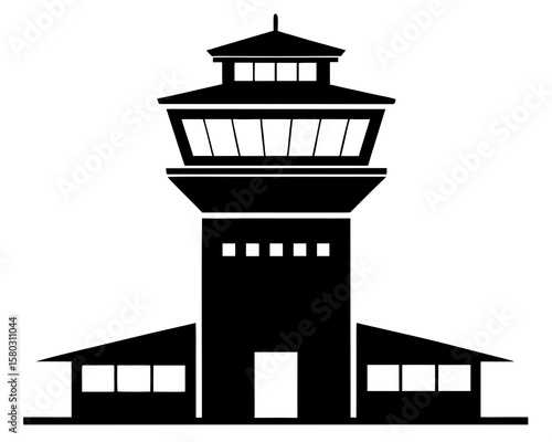 Depicting a sleek control tower silhouette in black vector format, ideal for aviation designs.