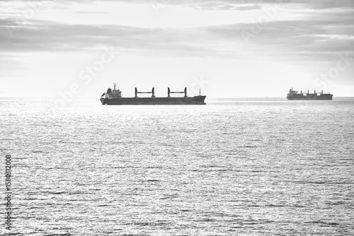 Foto Two cargo ships glide across a calm sea under a clear sky