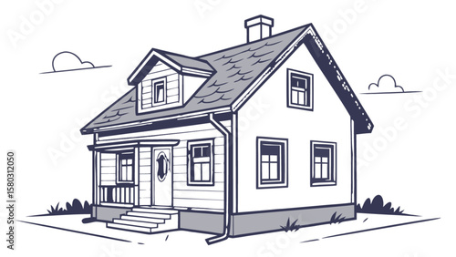 Illustration of a two story house with a porch, dormer window, chimney, and landscaping under a cloudy sky