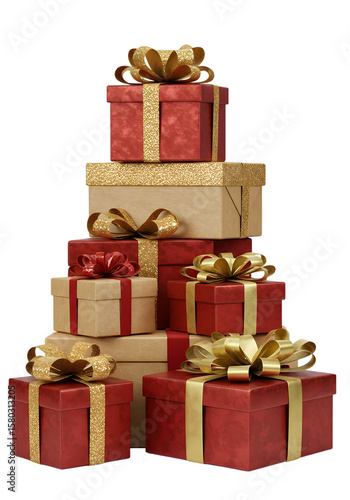 Illustration Red And Gold Gifts Stacked Tower Celebration Christmas Ribbon