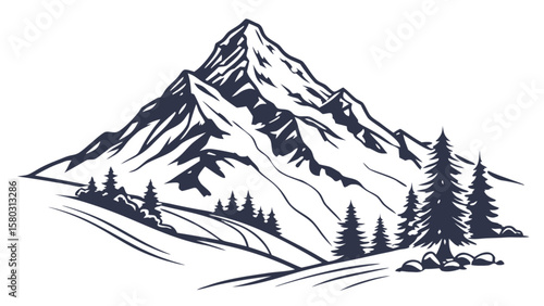 Illustration of a mountain range with snow capped peaks and evergreen trees on a snowy hillside view