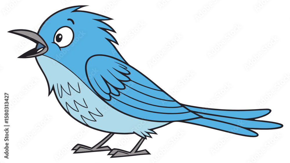 Fototapeta premium Illustration of a cartoon bluebird with an open beak and a surprised expression standing on its feet