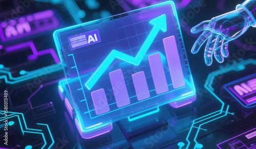 image of a glowing 3D graph or line chart with an upward trend, set in a digital environment with abstract AI or neural network elements