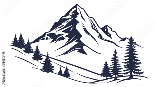 Illustration of a mountain range with snow and pine trees in a monochrome black and white landscape scene