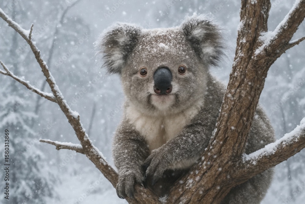 Obraz premium A koala gazes out from a snow-covered tree branch