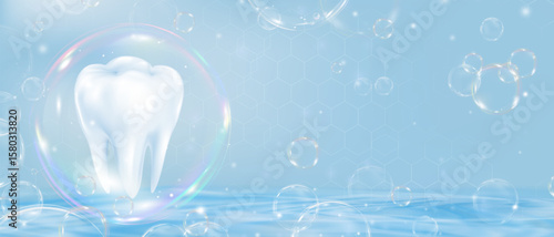 Healthcare concept,3d realistic bubbles and glowing light shield around white tooth on blue water background.Dental health care,Oral hygiene,Protection and whitening,Vector for Doctors day