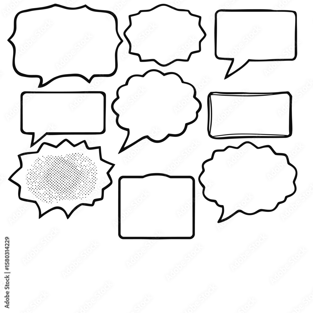 Obraz premium A collection of diverse, hand-drawn speech bubbles and thought balloons in various shapes and styles, perfect for comic books, graphic design, and communication concepts.