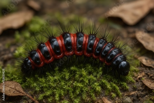 A solitary caterpillar, with its striking red and black striped body, traverses a bed of fresh green moss on a forest floor