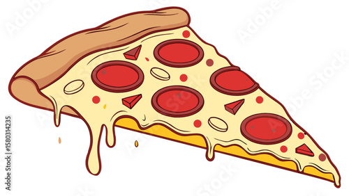 Illustration of a single slice of pepperoni pizza with melting cheese and a thick crust design style