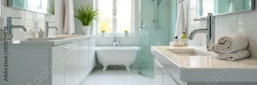 Sparkling Clean Bathroom Professional Maid Service Results. Spotless surfaces, gleaming faucets, and freshly folded towels showcase the pristine outcome of a thorough household cleaning.