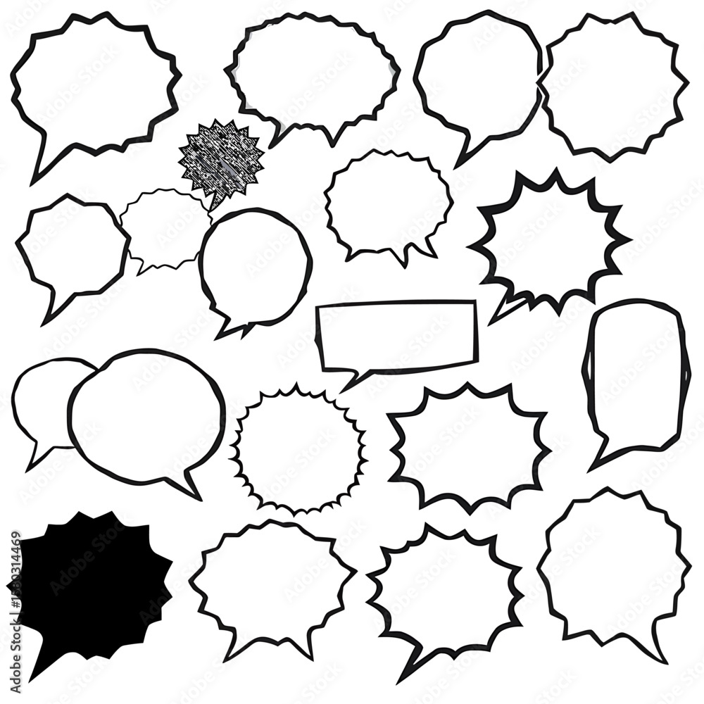 Fototapeta premium A diverse collection of empty, hand-drawn speech and thought bubbles, perfect for comic book designs or communication concepts.