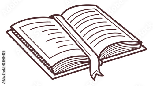 Open book with a bookmark in a simple line drawing style showing pages and cover illustration style
