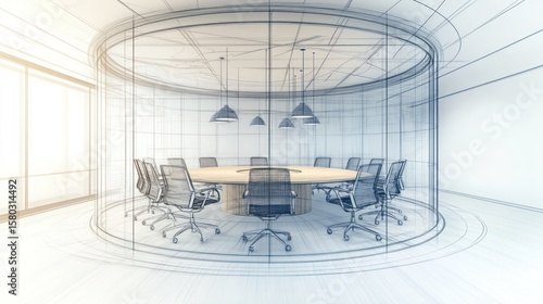 Architectural drawing of a modern circular conference room.