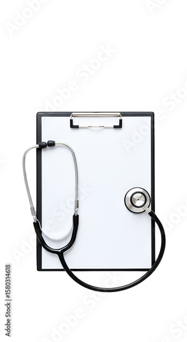 Isolated Clipboard With Stethoscope For Medical Diagnosis On White Paper