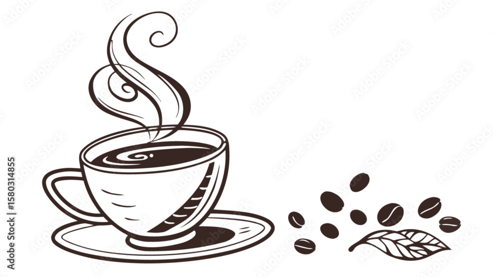 Obraz premium Illustration of a steaming coffee cup on a saucer with coffee beans and a leaf on a white background