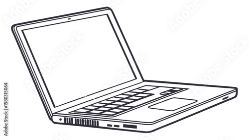 Line drawing of an open laptop with a blank screen keyboard and trackpad on a white background view from side