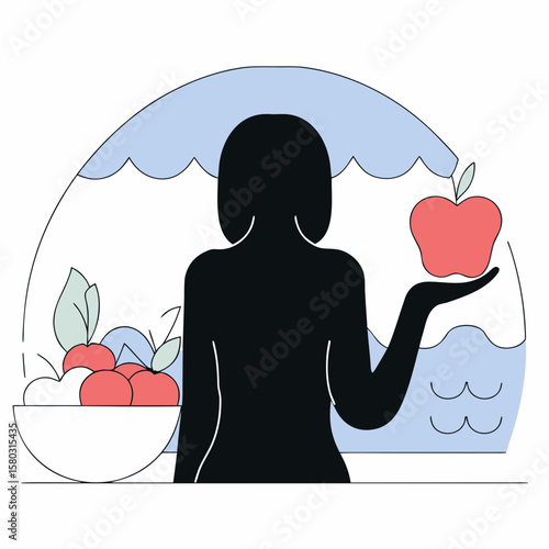 Silhouette of woman holding apple near bowl of fruit in minimalist style  