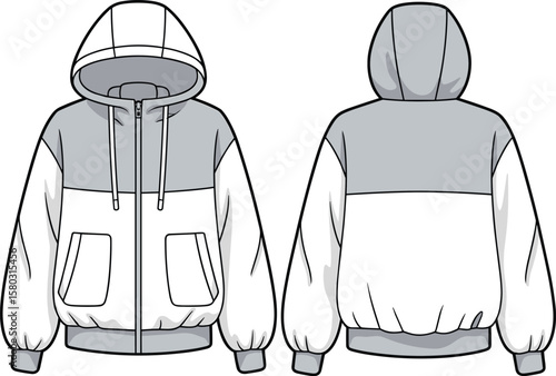 Color block puffer hooded jacket technical flat sketch, front and back view, with zipper, pockets, cuffs, and winter outerwear design.