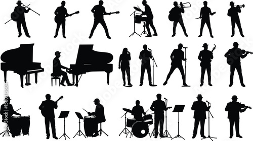 Silhouettes of musicians performing on stage, playing guitar, violin, piano, drums, trumpet, singing live, concert scene, musical band