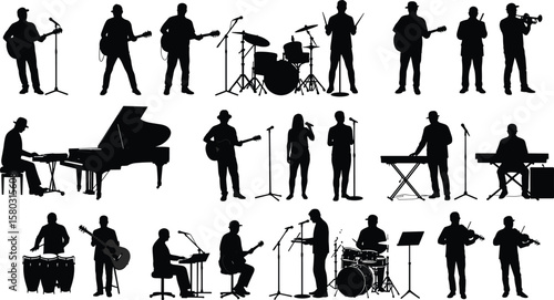 Silhouettes of musicians performing with instruments, band playing music on stage, singers, drummers, pianists, guitarists, and instrumental artists