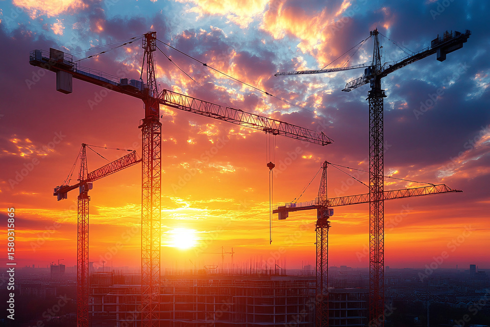 Naklejka premium Tower Cranes at Construction Site During Vibrant Sunrise Urban Scene, highlights the progress and activity of construction efforts
