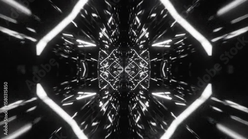Black white symmetry, geometric kaleidoscope animation with sharp monochrome shapes perfect for techno visuals trance loops and digital motion effects