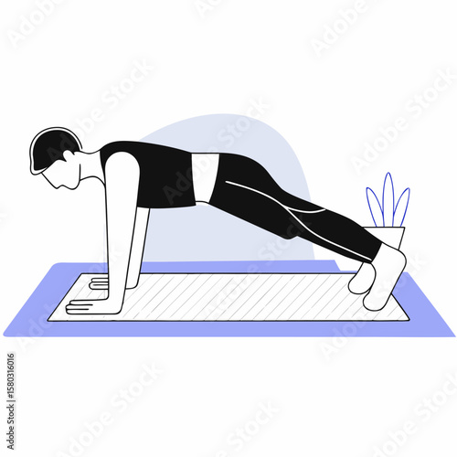 Young man doing push-up exercise on yoga mat at home  