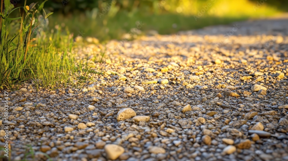 Sunlit Gravel Pathway with Natural Grass and Soft Lighting Effects Sunlit Gravel Pathway with Natural Grass and Soft Lighting Effects