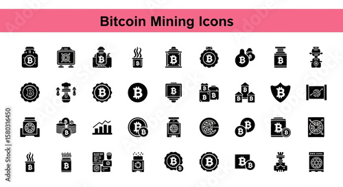 A collection of 25 Bitcoin Mining Icons Black flet Icon. The icons are neatly arranged in rows and columns, with a pink banner on the top that reads 'Bitcoin Mining Icons