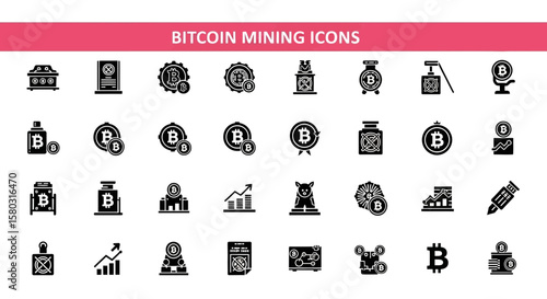 A collection of 25 Bitcoin Mining Icons Black flet Icon. The icons are neatly arranged in rows and columns, with a pink banner on the top that reads 'Bitcoin Mining Icons 