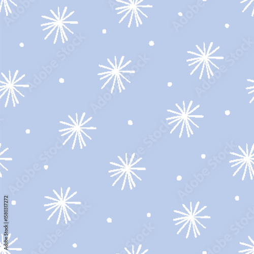 Snowflakes, seamless pattern. Snowy cold winter background with doodle snow. Endless abstract texture for wrapping, wallpaper, fabric and textile design. Printable repeating flat vector illustration