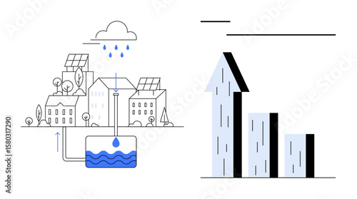Buildings with solar panels collecting rainwater channeling into a reservoir alongside bar chart showcasing progress. Ideal for sustainability, urban planning, eco-friendly solutions, renewable