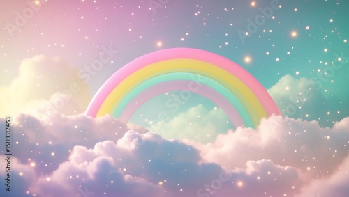 Pastel rainbow arc emerges from fluffy clouds under a sparkling starry sky
