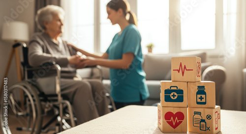 Stacked of wooden blocks with healthcare icons, symbolizing care and medical services. The concept of elderly care, support, and accessible healthcare services. Generative AI.