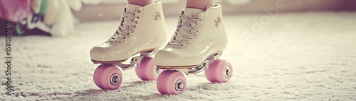Close up image shows fancy roller skates on a soft carpet
