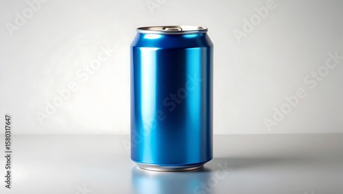 Shiny blue aluminum beverage can with a metallic finish on a reflective surface