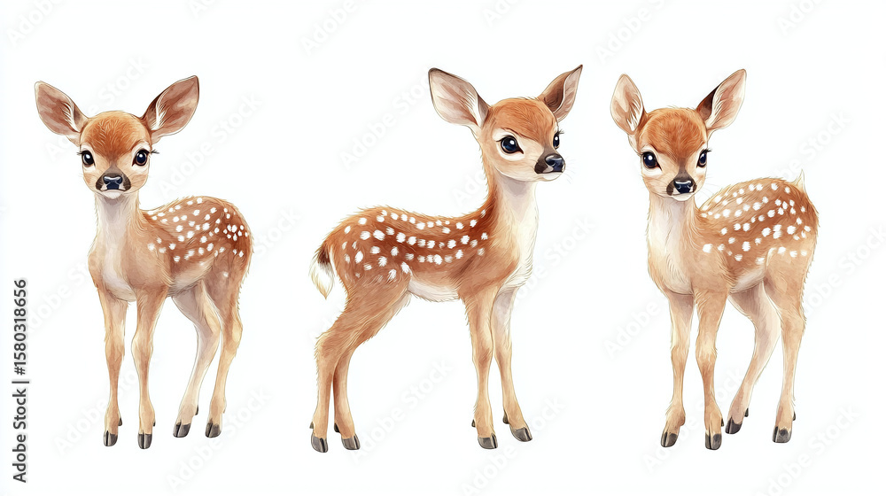 Fototapeta premium Cute adorable little deer depicted in different poses. Cute watercolor baby dear, bambi portrait set on white background. 