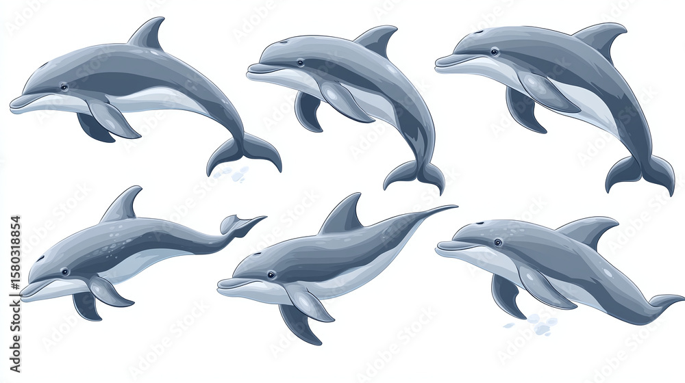 Fototapeta premium Set of bottlenose dolphins isolated on white background.