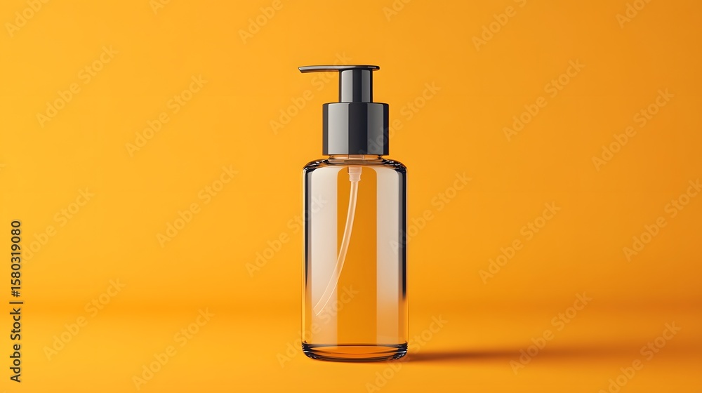 Naklejka premium Clear glass pump bottle with a black dispenser cap standing on a vibrant orange background Empty transparent container