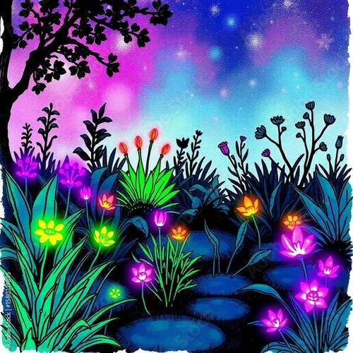 A hand-drawn color sketchnote style depiction of a garden scene featuring glowing bioluminescent colors and natural light effects.