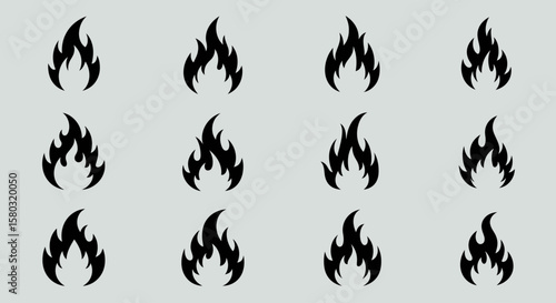Flame Icons: A collection of stylized flame icons in bold black, perfect for design projects or symbolic representations of heat, passion, or danger.