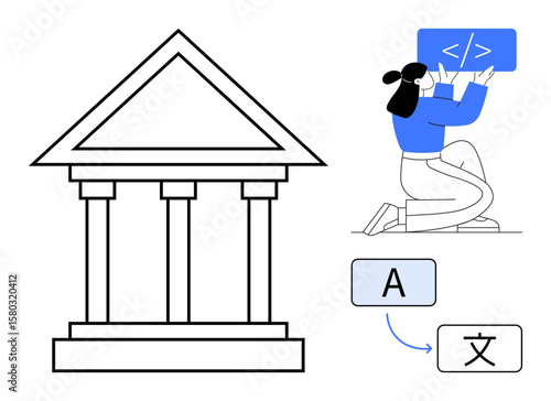 Woman coding for language translation, classical building symbolizing knowledge, app interface, text conversion flow. Ideal for education, technology, coding, translation, research knowledge