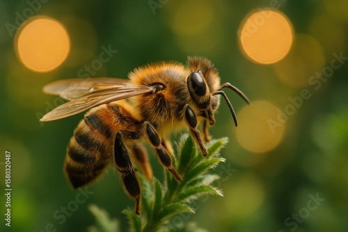 Amidst the soft glow of nature's bokeh, a solitary bee takes flight on its quest for nectar