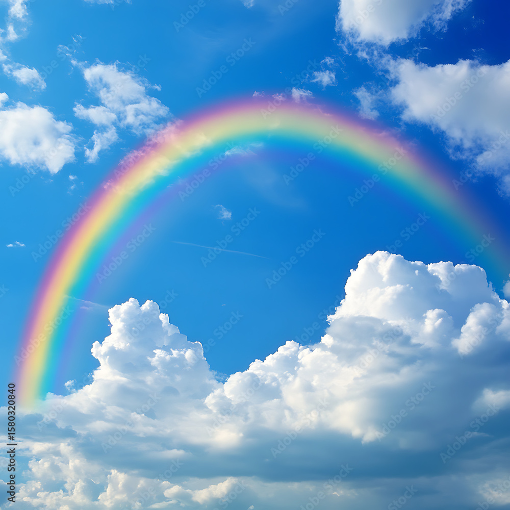 A vivid rainbow stretching across a clear sky with billowing white clouds(2) A vivid rainbow stretching across a clear sky with billowing white clouds(2)