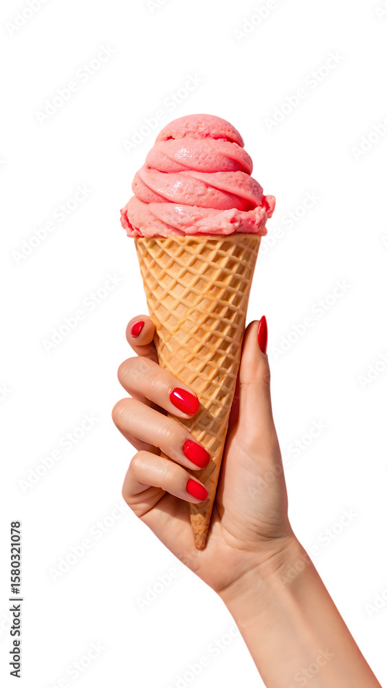 Hand Holding Strawberry Ice Cream Cone on White Background Hand Holding Strawberry Ice Cream Cone on White Background