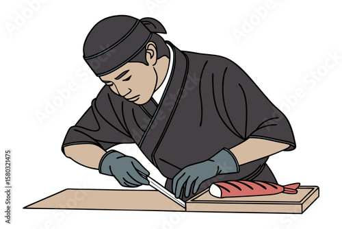 Skilled chef in traditional attire meticulously prepares fresh fish with a sharp knife on a wooden cutting board