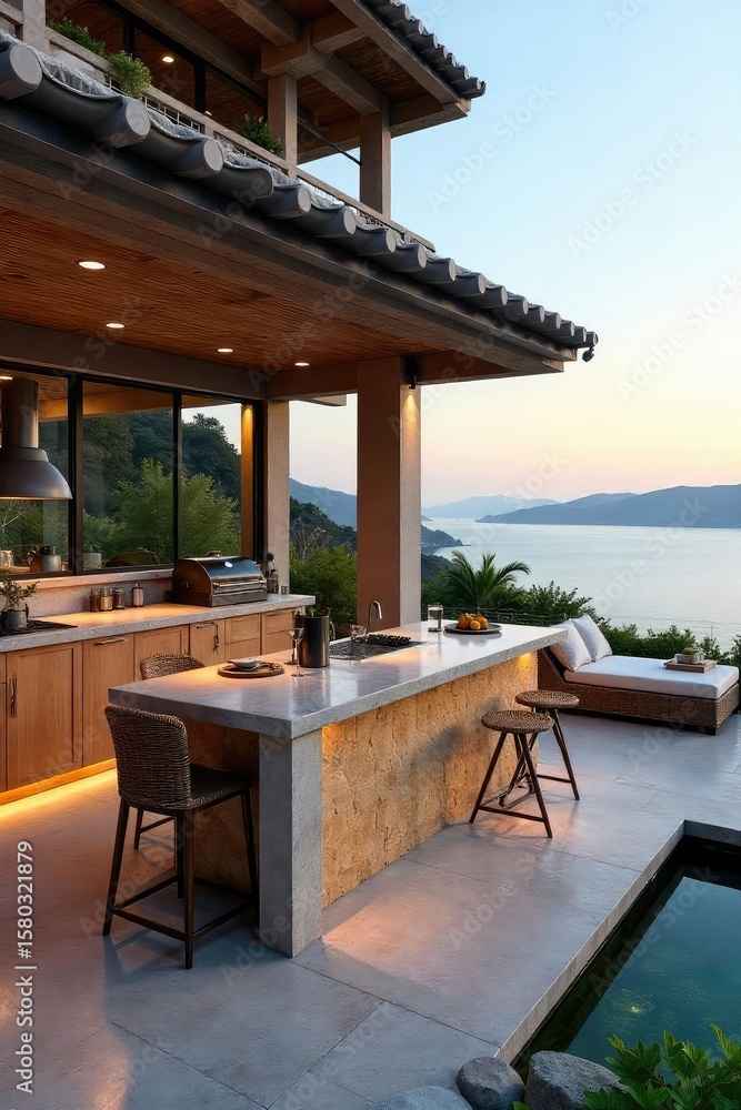 Fototapeta premium Luxurious Outdoor Kitchen & Dining Deck Island Setting with Stunning Views, Perfect for Alfresco Entertaining
