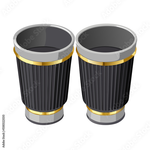 Dual Car Exhaust Tips Isometric Vector. Chrome Muffler Nozzles with Gold Accents.