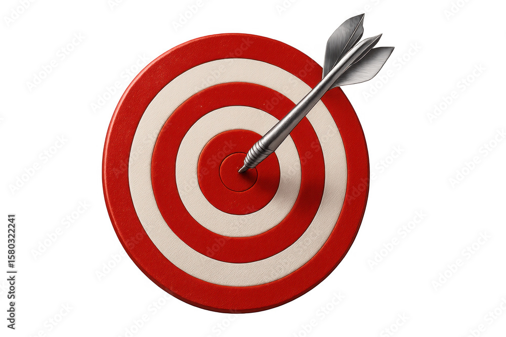 Dart hitting center of red and white target on a transparent background, perfect for concepts related to business and success Dart hitting center of red and white target on a transparent background, perfect for concepts related to business and success